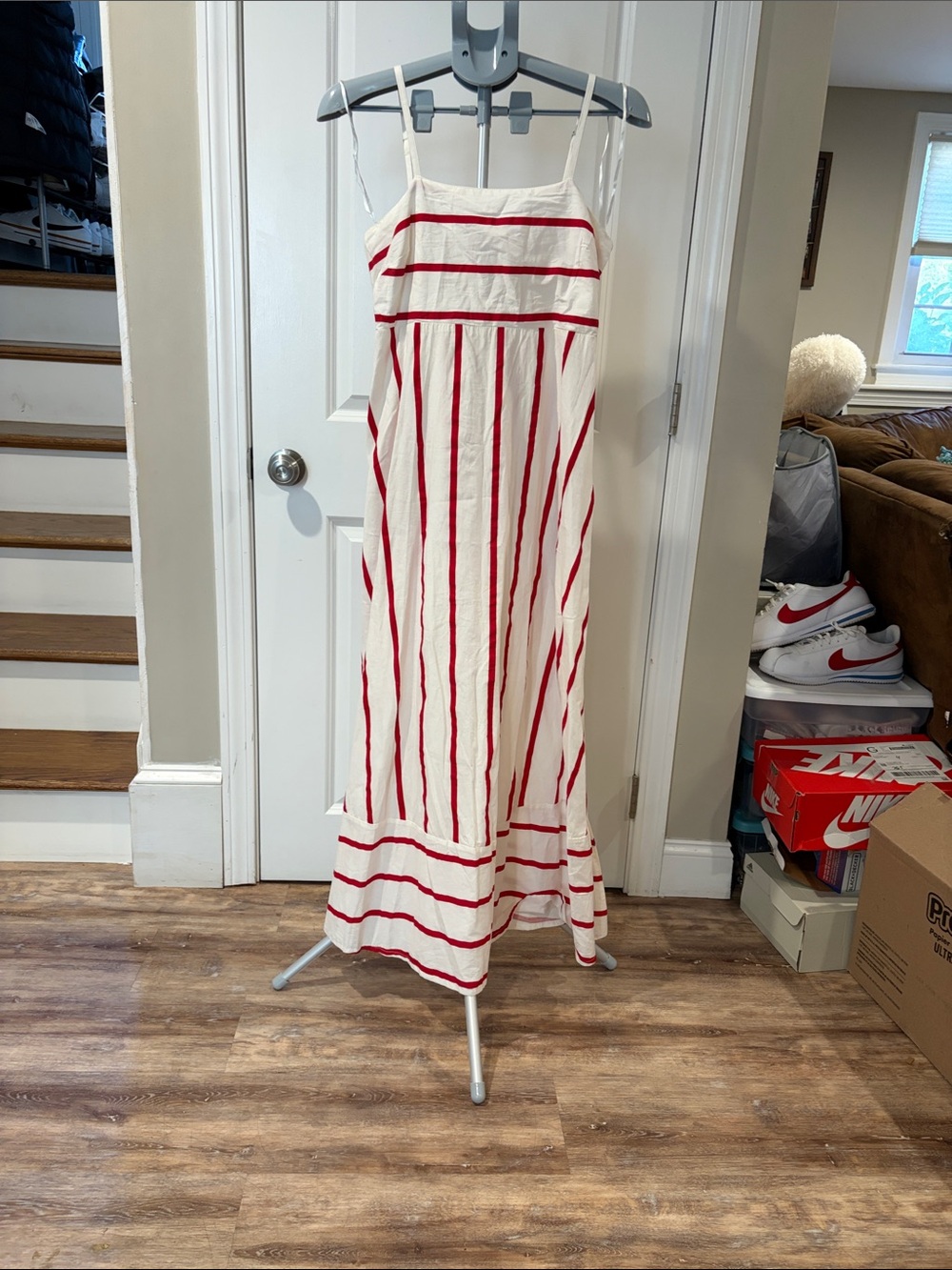 Japna Cream Maxi Dress with Red Stripe Detail
